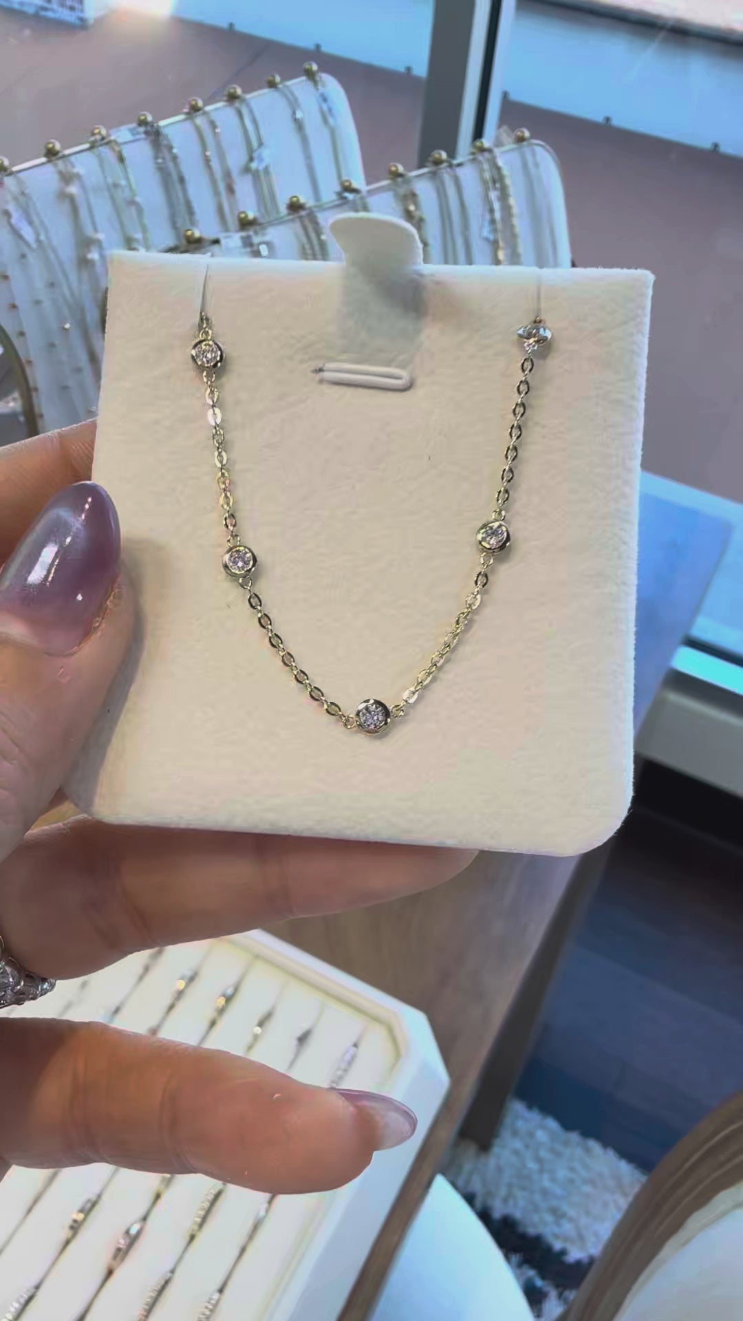 5 Stone Bezel Necklace, 14K 5 Diamond By the Yard Necklace 0.5 ct.