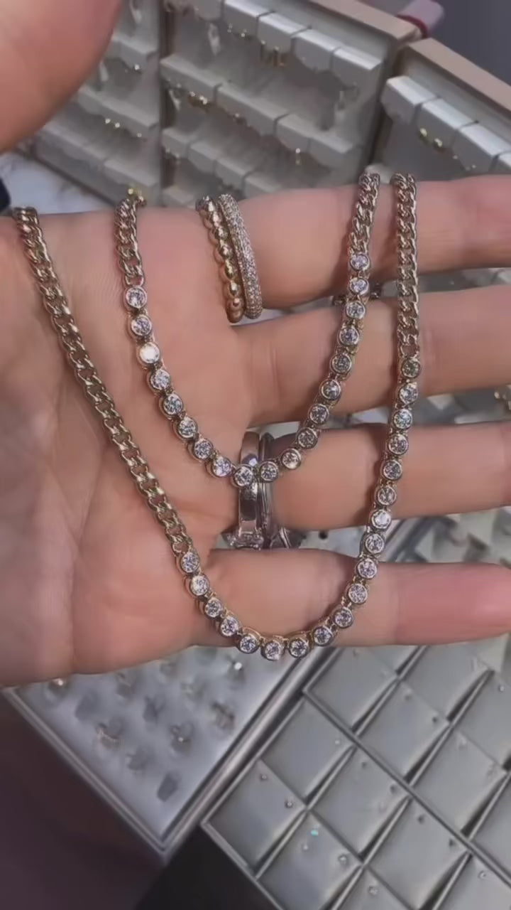 Tennis Row Bezel Lab Diamonds Necklace with 3mm 14K Solid Gold Chain