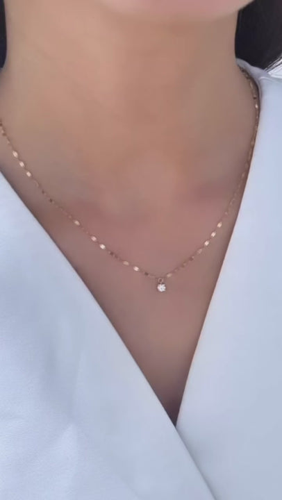 14K Solid Gold glitter mirror Necklace with lab diamond pendant