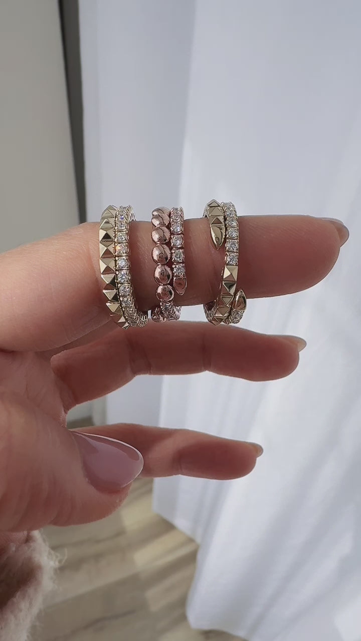 Spiral Double Band Ring with Beads & Diamonds 5mm – 14K Solid Gold Ball Sculptural RIng