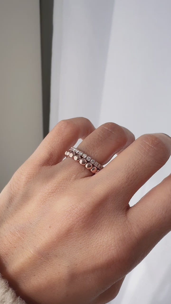 Spiral Double Band Ring with Beads & Diamonds 5mm – 14K Solid Gold Ball Sculptural RIng