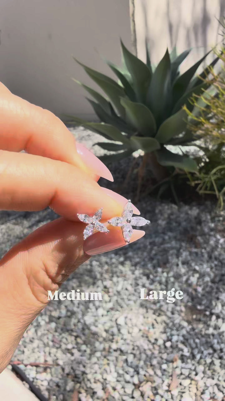 Marquise Cut 4 Diamonds Petal Flower 14K Solid Gold Earrings Studs - Medium / Large