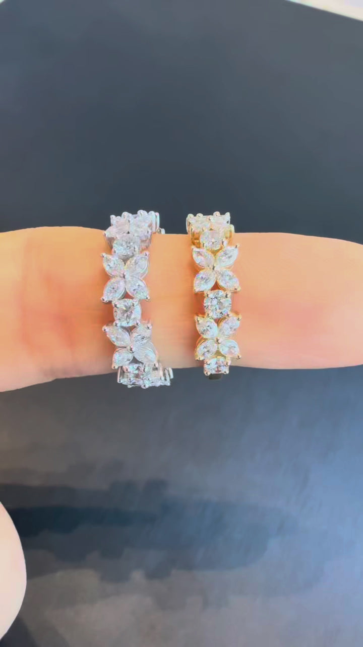 Custom Order_Flower Marquise & Round Diamond Full Half Eternity Engagement Ring Wedding Band 14K Solid Gold
