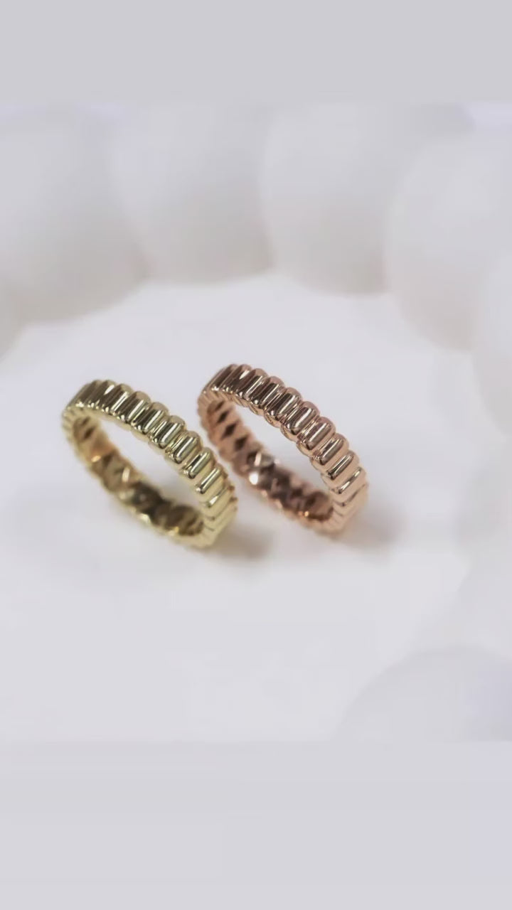 Fluted Glossy Textured Stackable Ribbed 14K Gold Ring