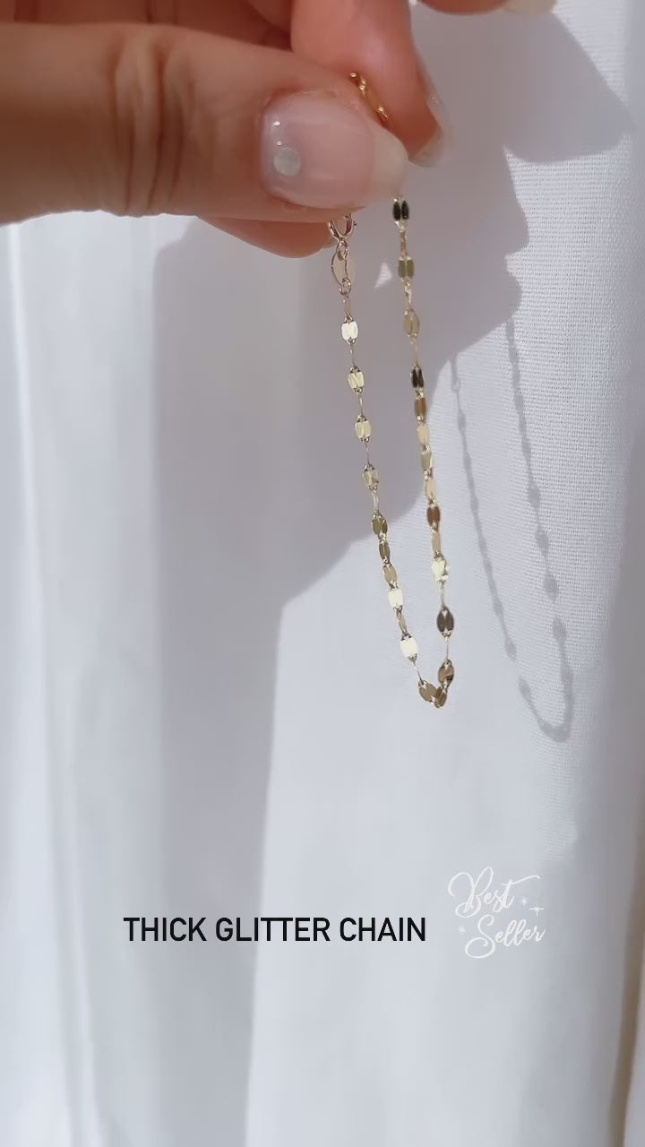 Glitter Sequin Sparkle Flat Link Chain 14K Gold Bracelet