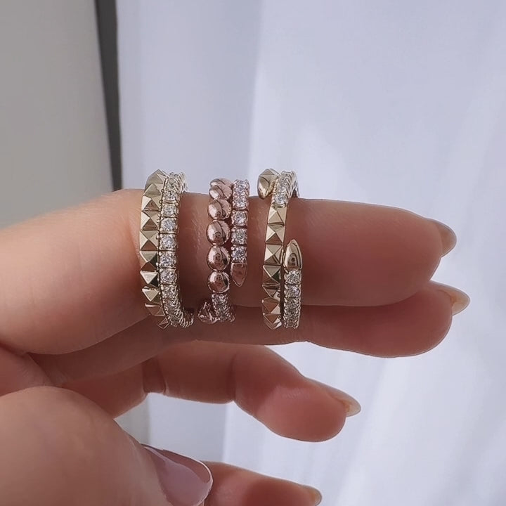 Spiral Double Band Ring with Pyramids & Diamonds 4.5mm – 14K Solid Gold Sculptural RIng