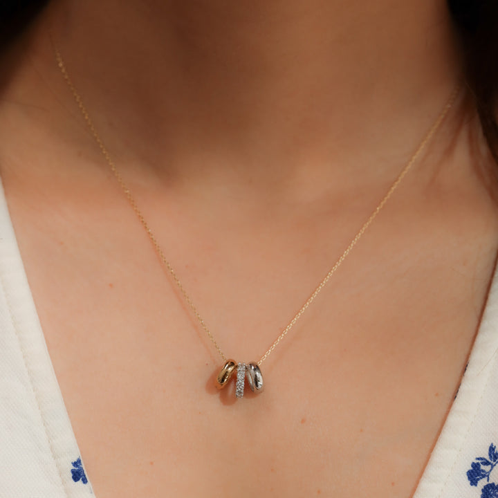 Mixed Gold Diamond Triple Ring Pendant Necklace