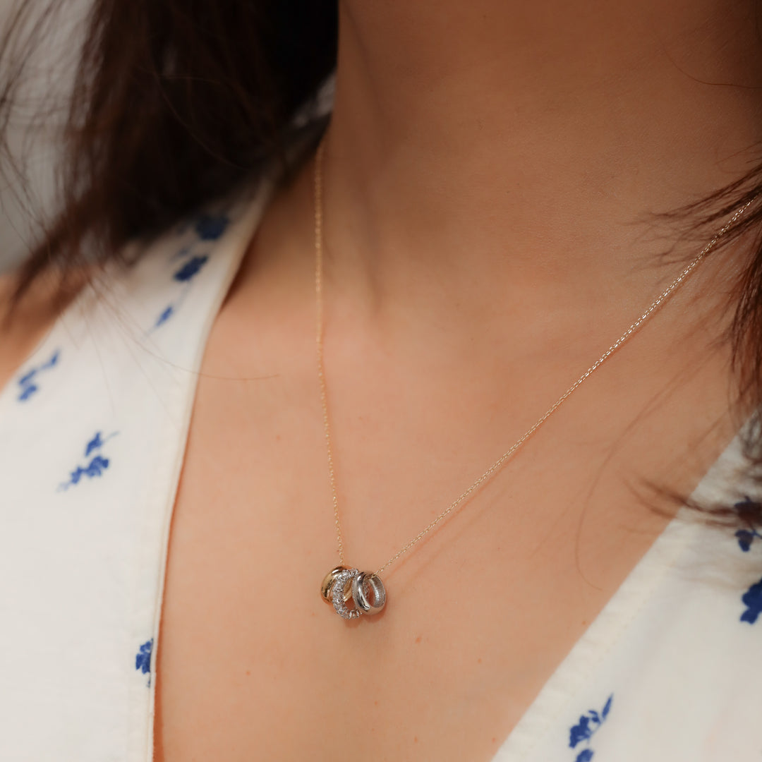 Mixed Gold Diamond Triple Ring Pendant Necklace
