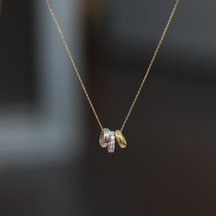 Mixed Gold Diamond Triple Ring Pendant Necklace