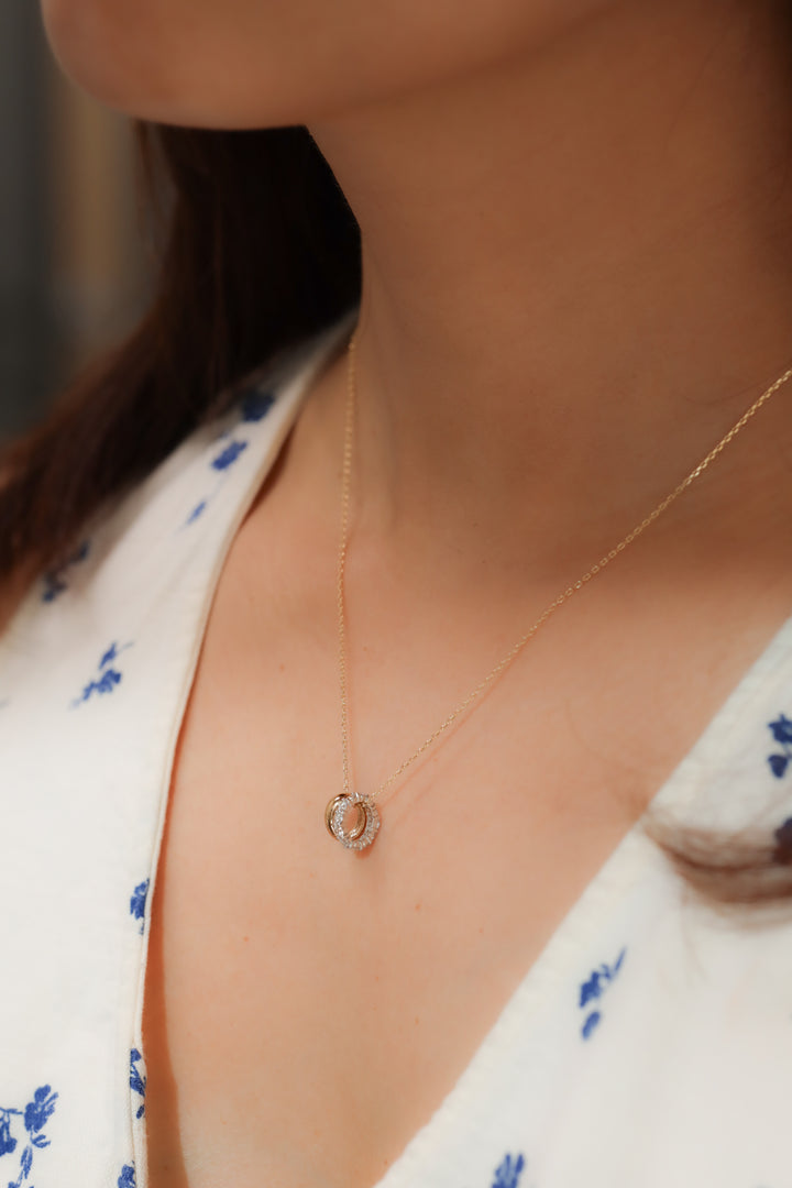 Mixed Gold Diamond Triple Ring Pendant Necklace