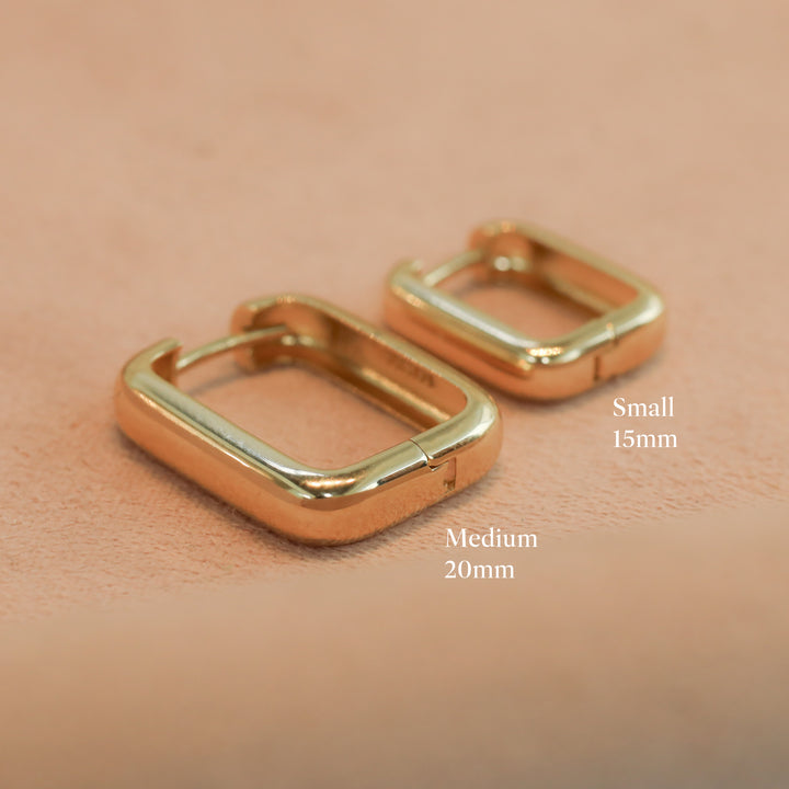 Rounded Rectangular Chunky U-Shaped Hoop Earrings Small (15mm) – 14K Solid Gold Thick Paperclip Hoops