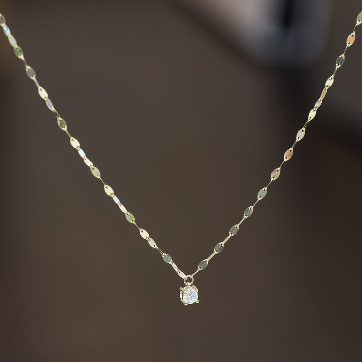 14K Solid Gold glitter mirror Necklace with lab diamond pendant