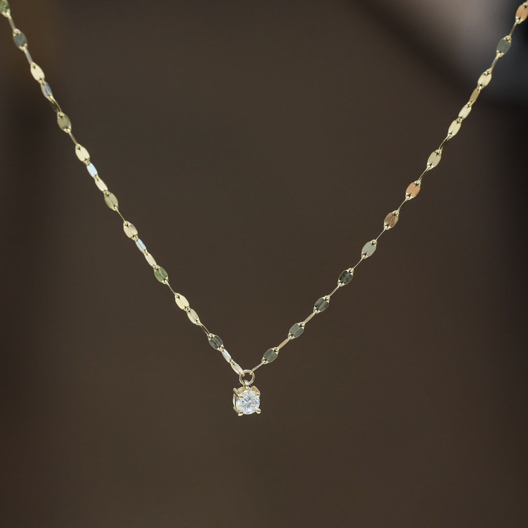 14K Solid Gold glitter mirror Necklace with lab diamond pendant