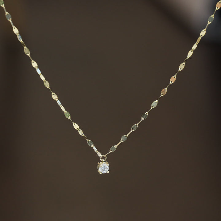 14K Solid Gold glitter mirror Necklace with lab diamond pendant
