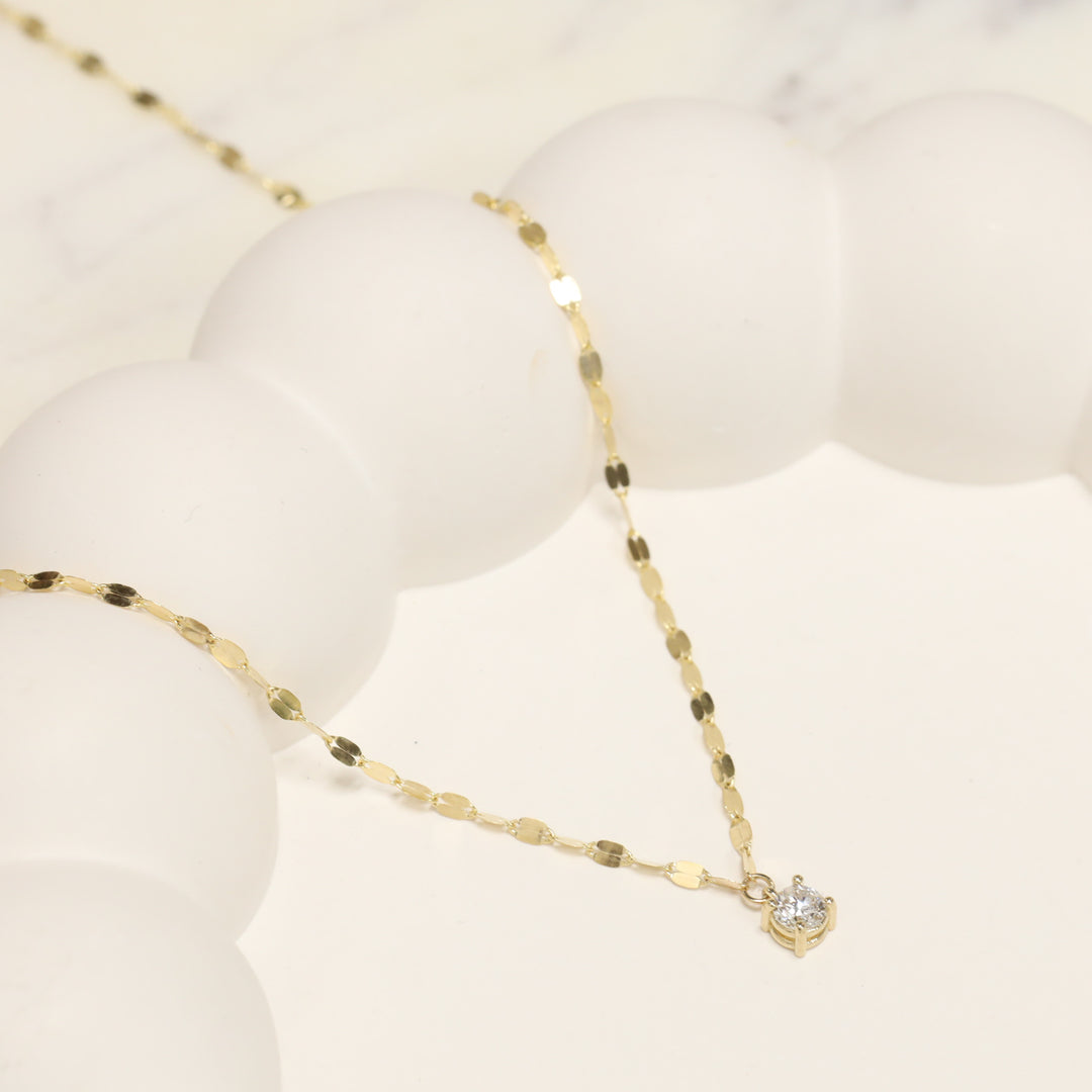14K Solid Gold glitter mirror Necklace with lab diamond pendant