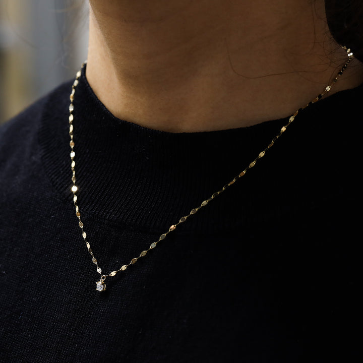 14K Solid Gold glitter mirror Necklace with lab diamond pendant