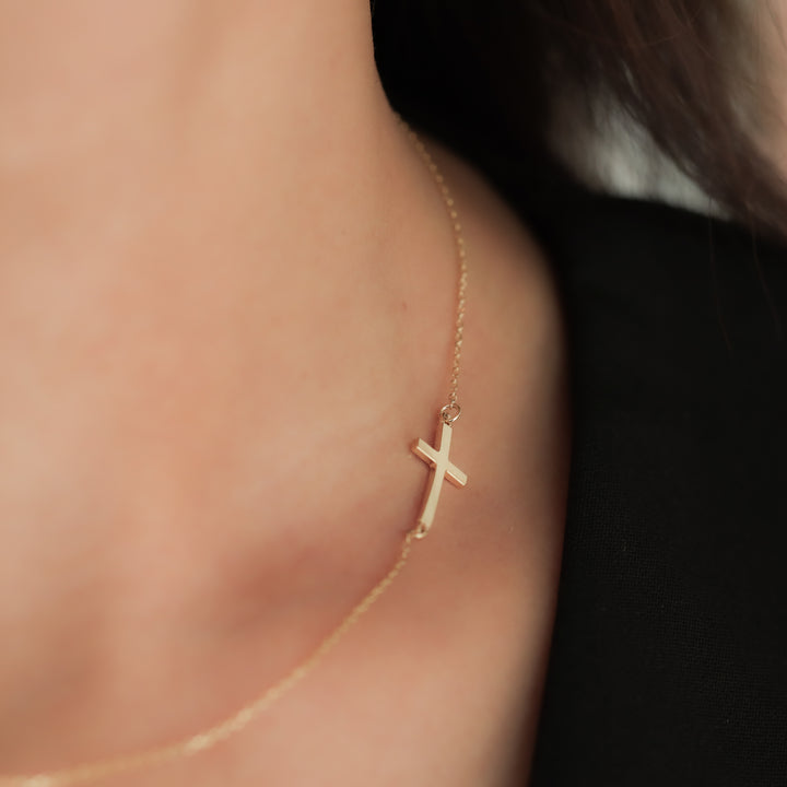 Sideway Cross Necklace – 14K Solid Gold