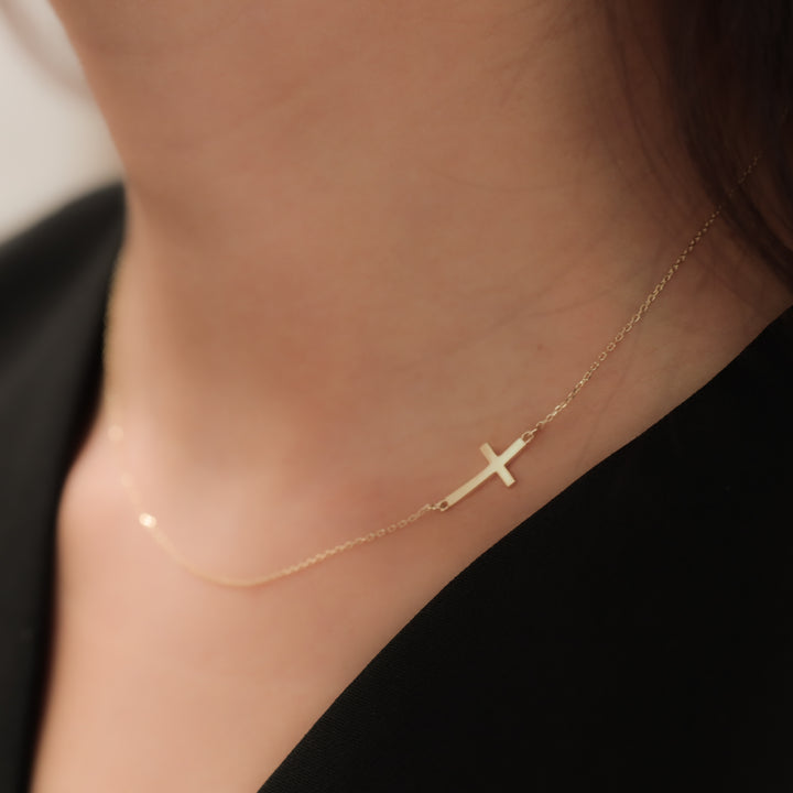 Sideway Cross Necklace – 14K Solid Gold