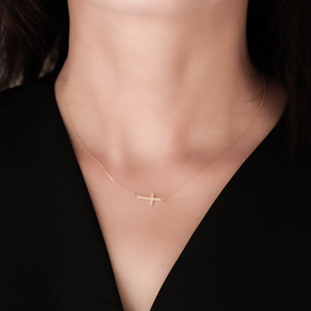 Sideway Cross Necklace – 14K Solid Gold