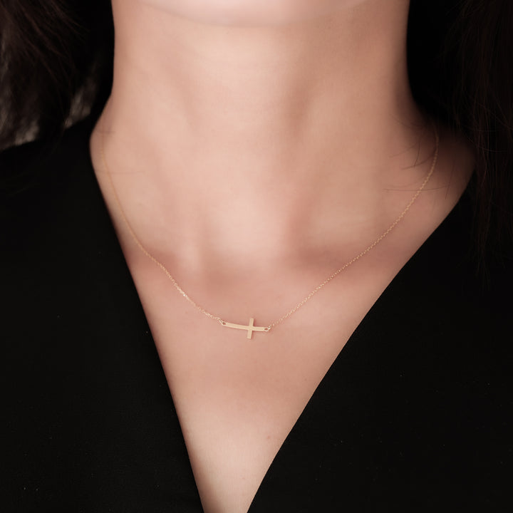 Sideway Cross Necklace – 14K Solid Gold