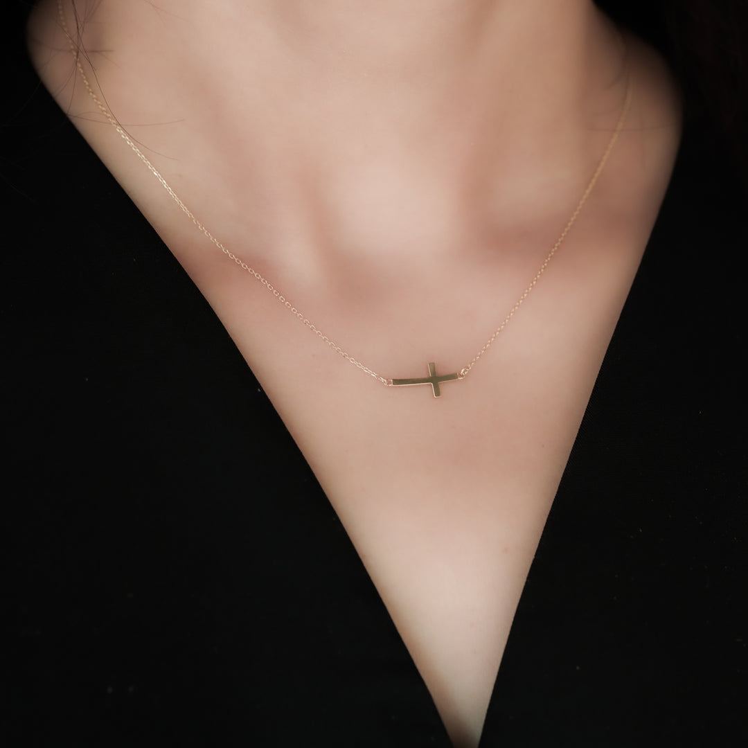Sideway Cross Necklace – 14K Solid Gold