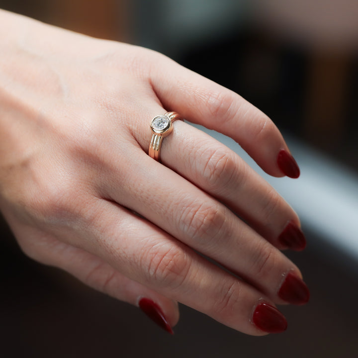 Round Bezel Setting Solitaire Diamond Ring with Triple Band in 14K Gold Engagement Ring