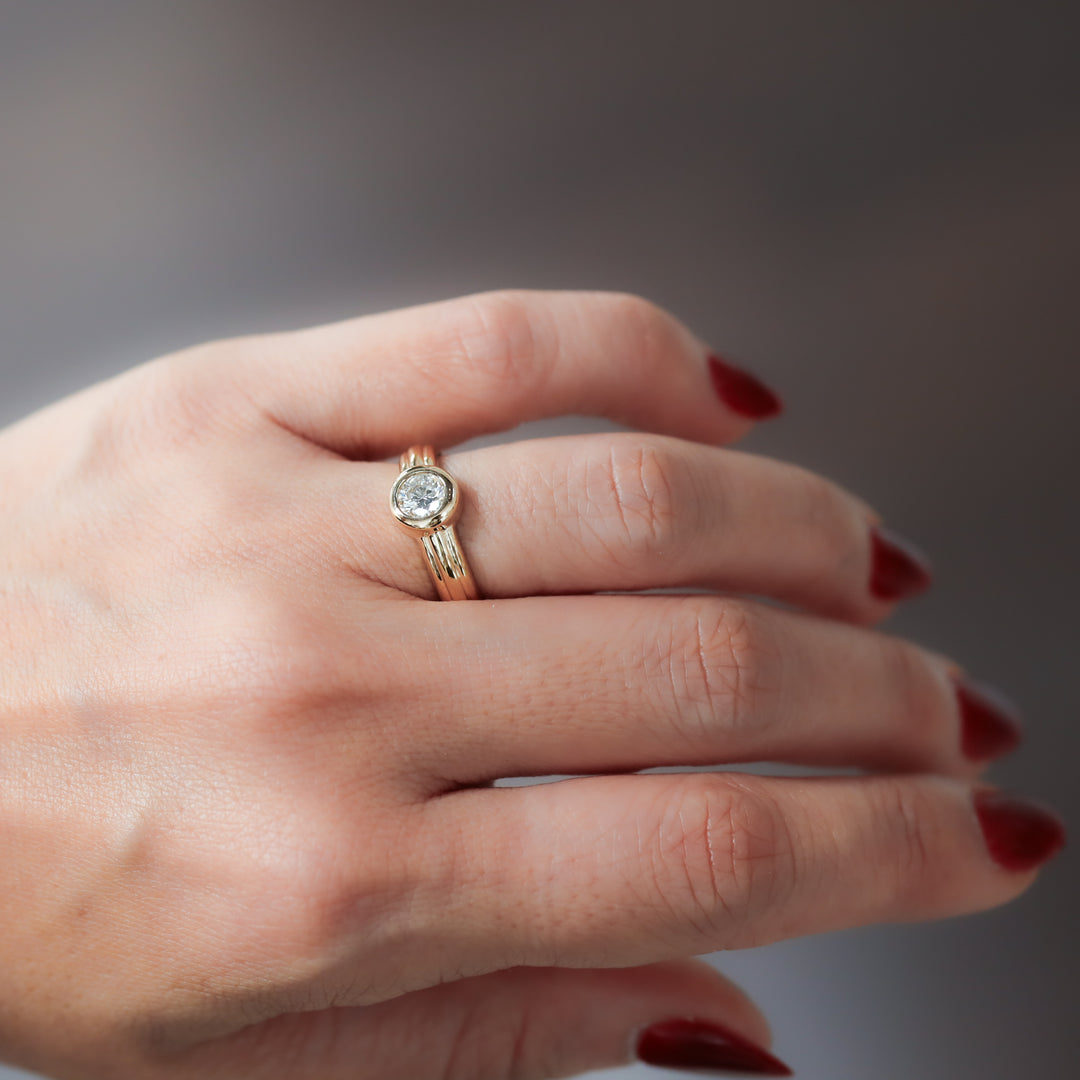 Round Bezel Setting Solitaire Diamond Ring with Triple Band in 14K Gold Engagement Ring