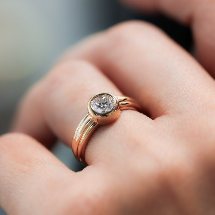Round Bezel Setting Solitaire Diamond Ring with Triple Band in 14K Gold Engagement Ring