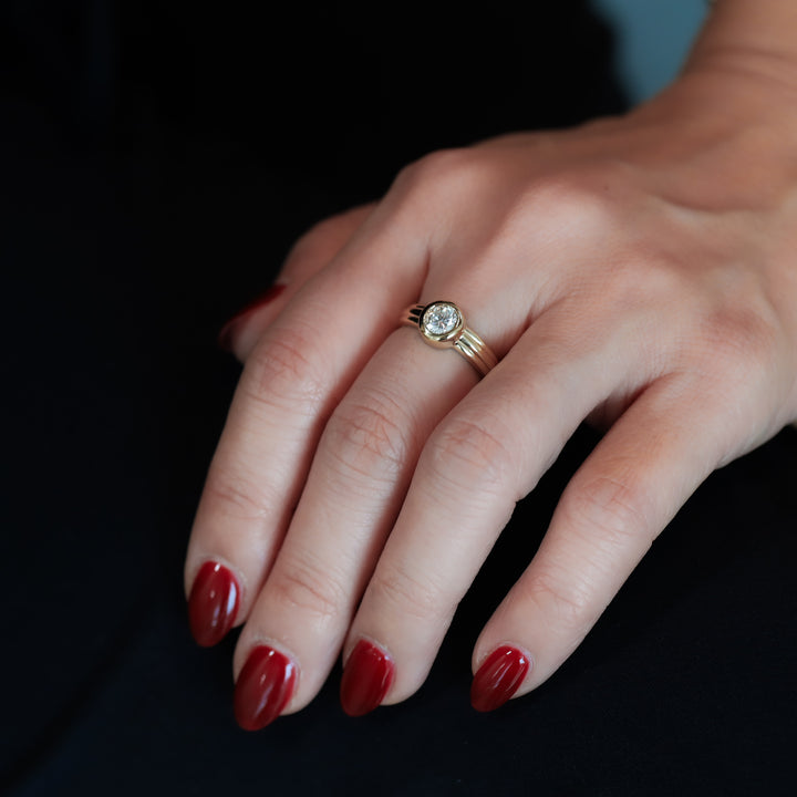 Round Bezel Setting Solitaire Diamond Ring with Triple Band in 14K Gold Engagement Ring