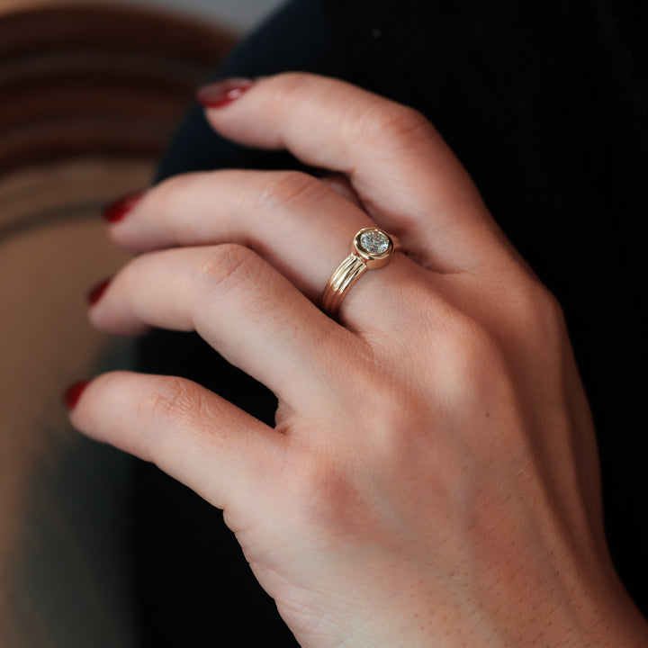 Round Bezel Setting Solitaire Diamond Ring with Triple Band in 14K Gold Engagement Ring