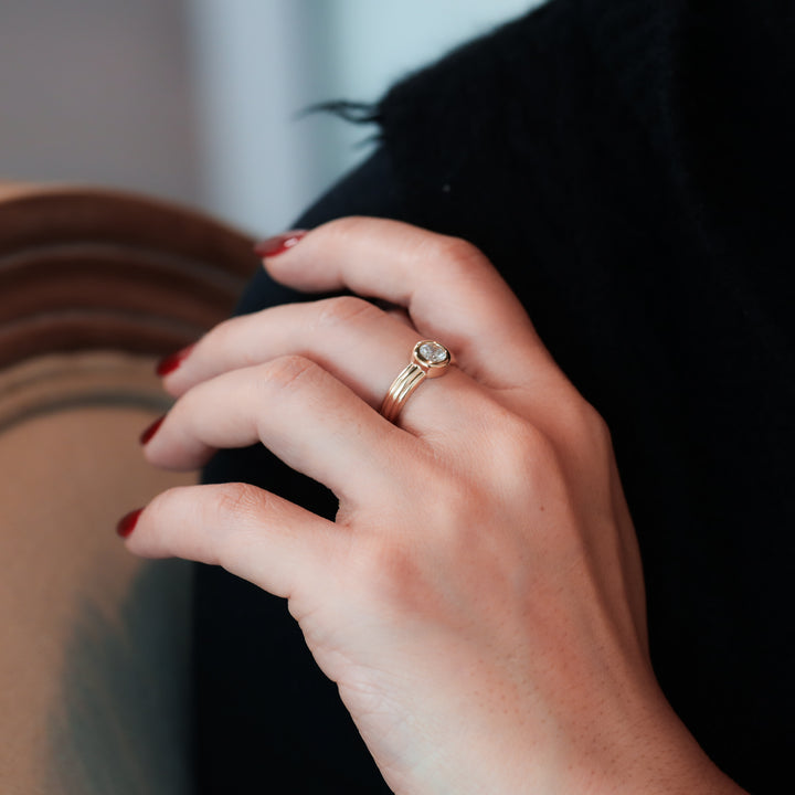 Round Bezel Setting Solitaire Diamond Ring with Triple Band in 14K Gold Engagement Ring
