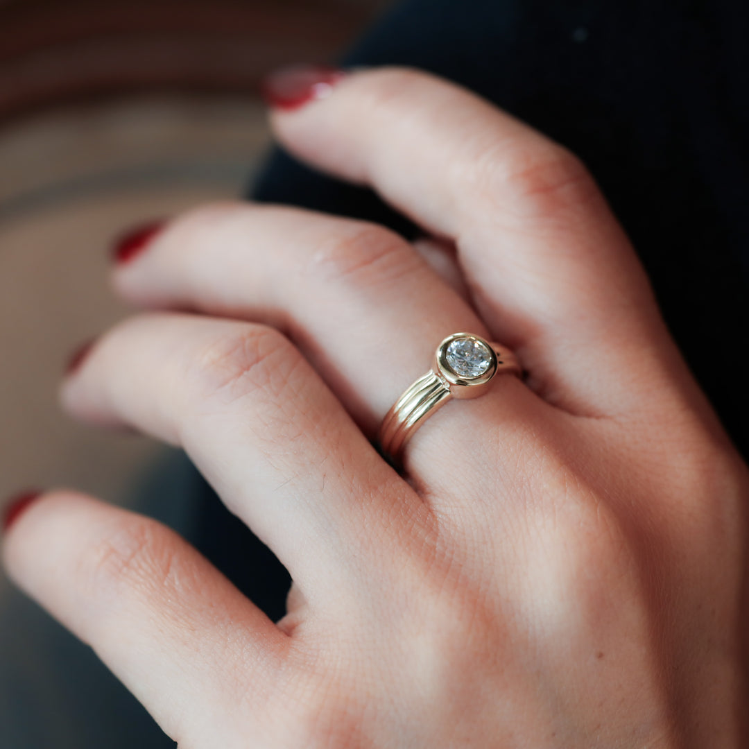 Round Bezel Setting Solitaire Diamond Ring with Triple Band in 14K Gold Engagement Ring