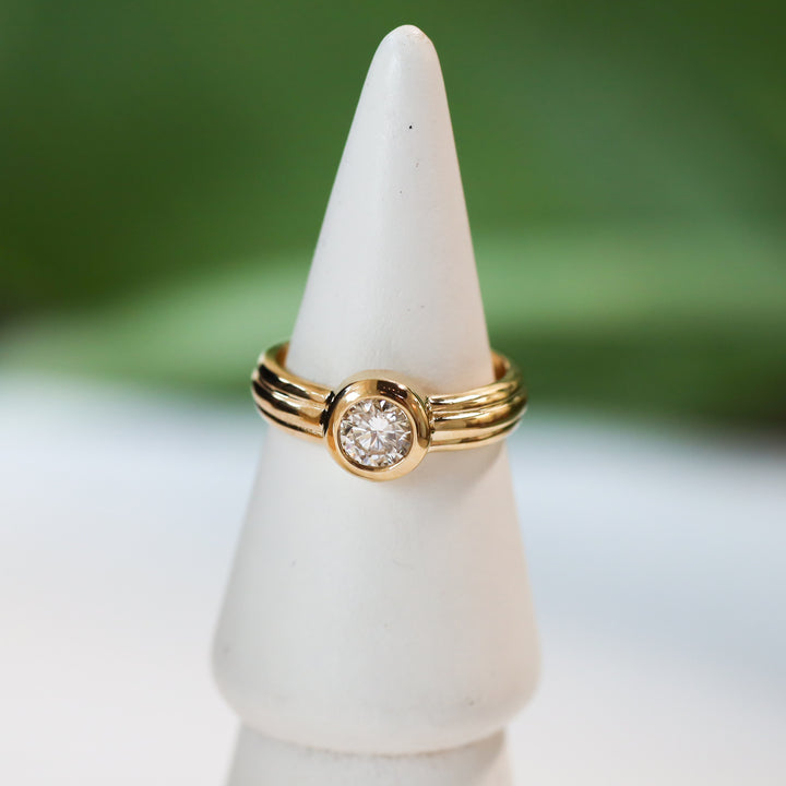 Round Bezel Setting Solitaire Diamond Ring with Triple Band in 14K Gold Engagement Ring