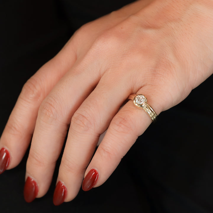 Round Bezel Setting Solitaire Diamond Ring with Triple Band in 14K Gold Engagement Ring