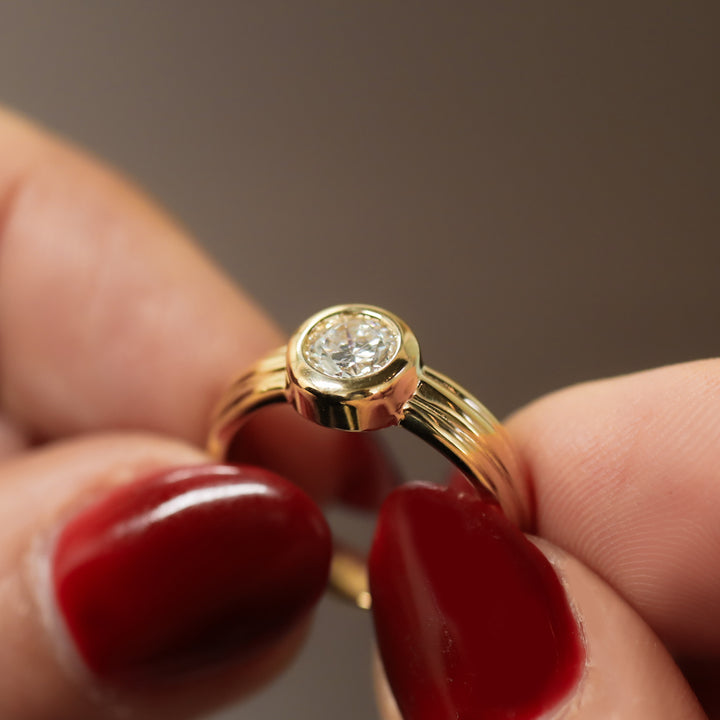Round Bezel Setting Solitaire Diamond Ring with Triple Band in 14K Gold Engagement Ring