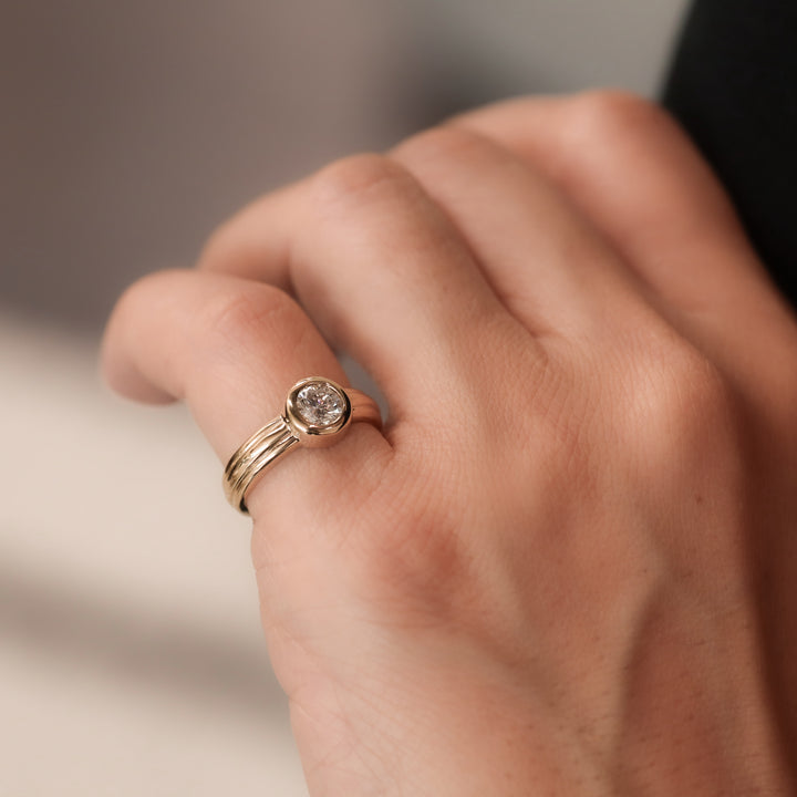 Round Bezel Setting Solitaire Diamond Ring with Triple Band in 14K Gold Engagement Ring