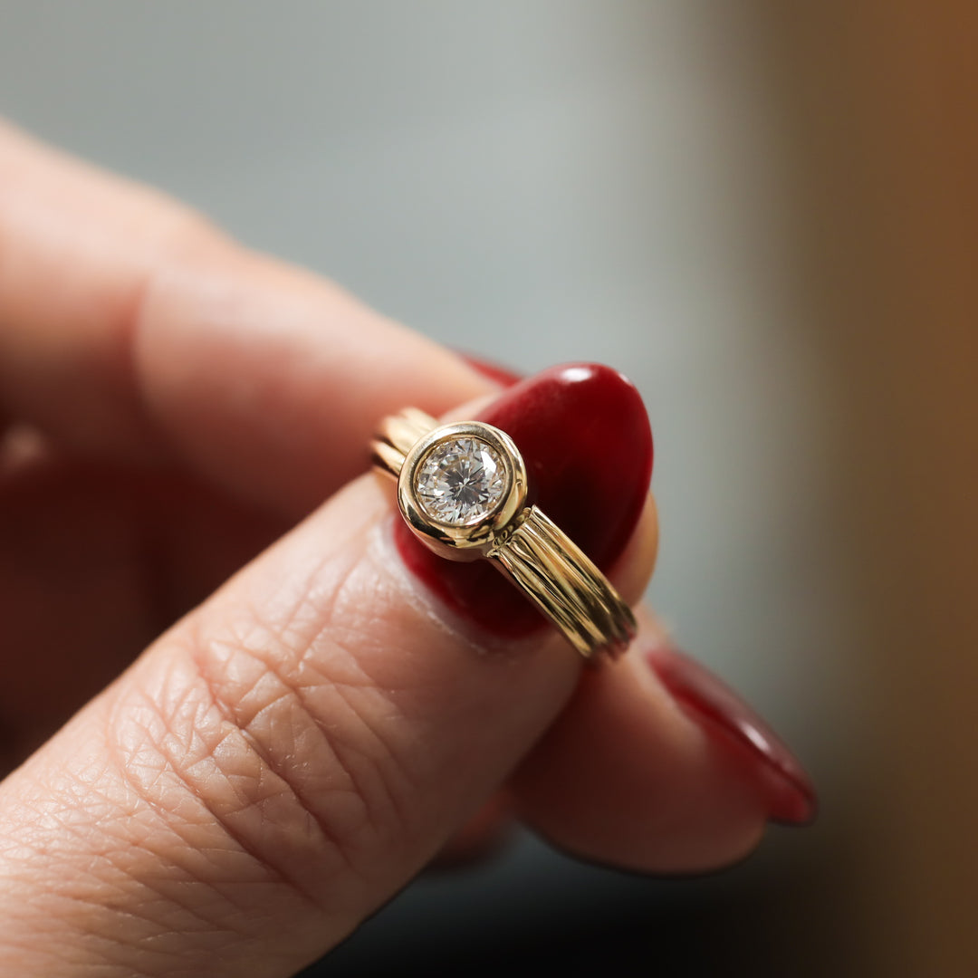 Round Bezel Setting Solitaire Diamond Ring with Triple Band in 14K Gold Engagement Ring